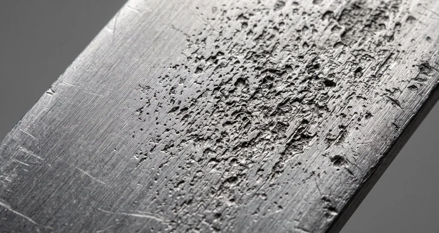 Macro of a metal surface showing fine cavitation pitting and matte erosion damage