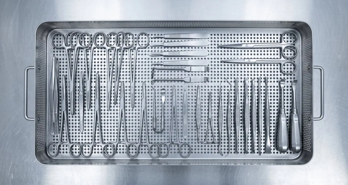 Stainless surgical instruments laid out in a perforated stainless reprocessing tray