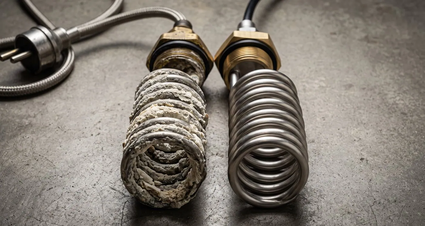 A stainless heater element crusted with hard-water scale beside a clean element