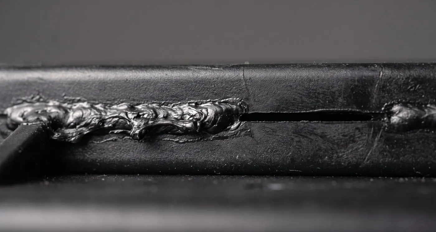 Macro of a welded seam on a moulded plastic part showing flash along one stretch and a partly unfused gap along another