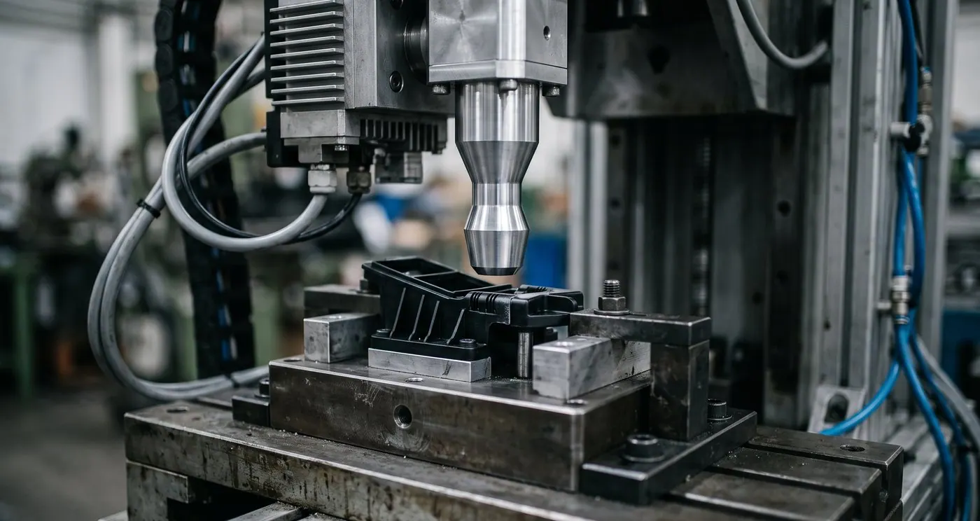 An ultrasonic welding horn descending onto a moulded thermoplastic component held in a fixture