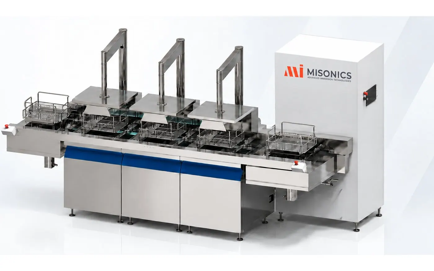 Misonics SonoLine three-tank automated ultrasonic cleaning line: wash, rinse and dry stations with powered basket transfer and the control cabinet