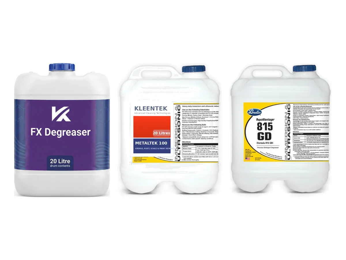 Misonics ultrasonic cleaning chemicals — FX Degreaser, MetalTek 100 and AquaVantage 815 GD in 20 litre drums