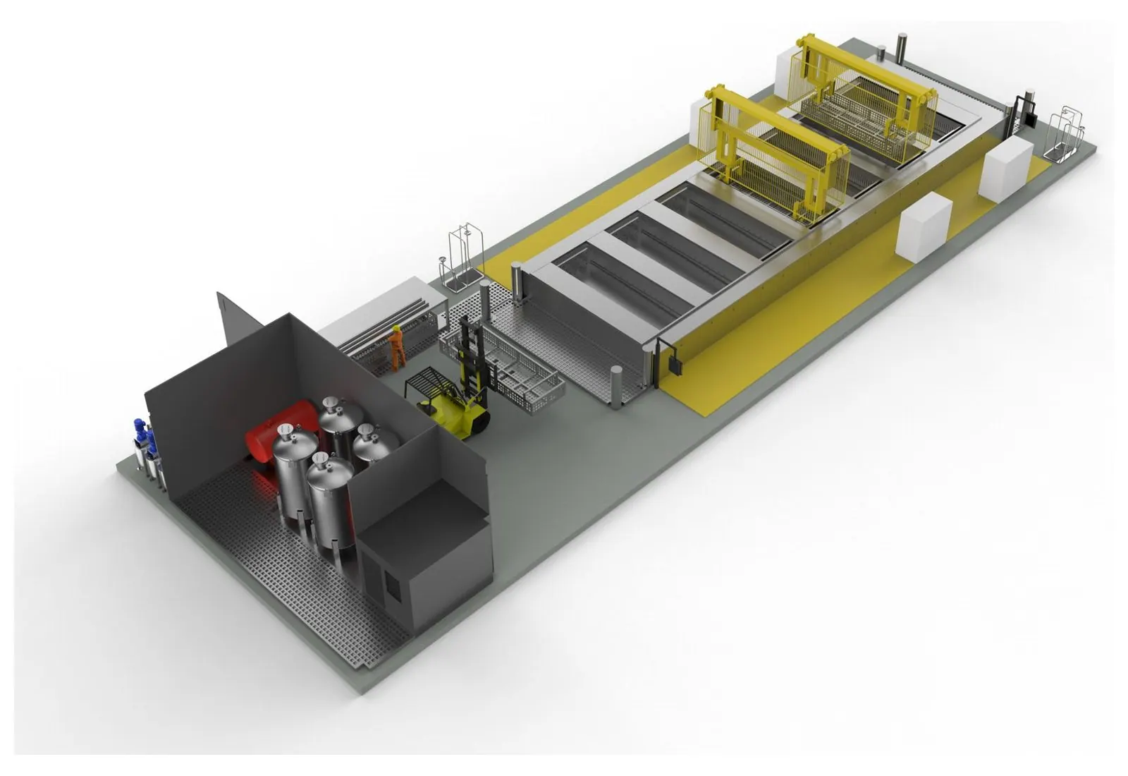 Render of a Misonics engineered degreasing and passivation line with overhead carriages and plant room