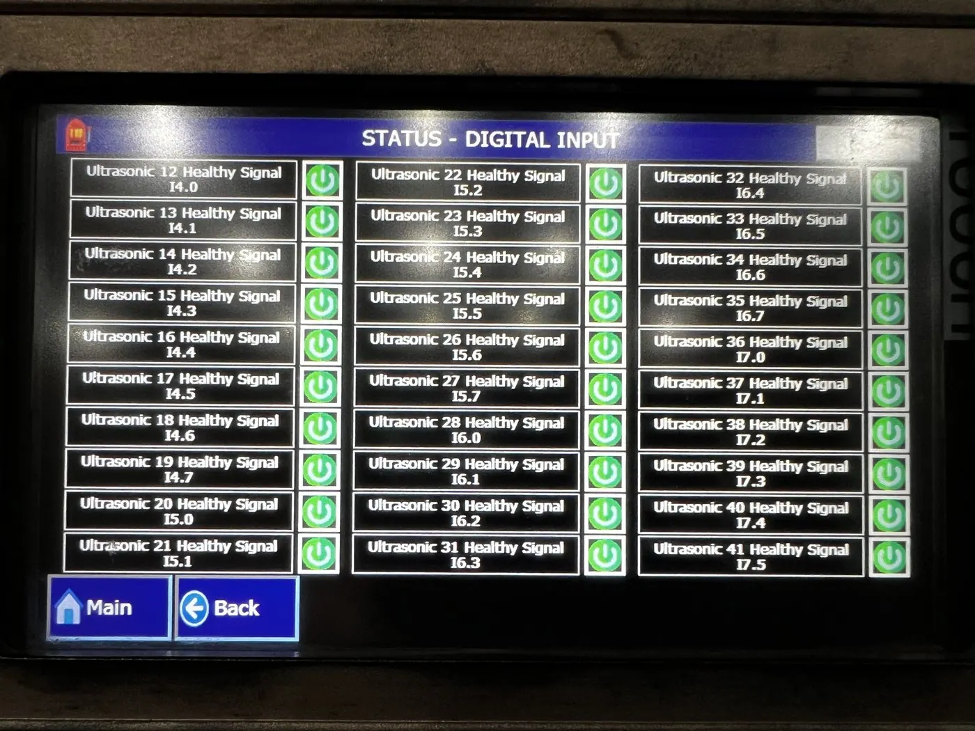 EVS 7000-PL HMI screen showing 42 healthy ultrasonic channels