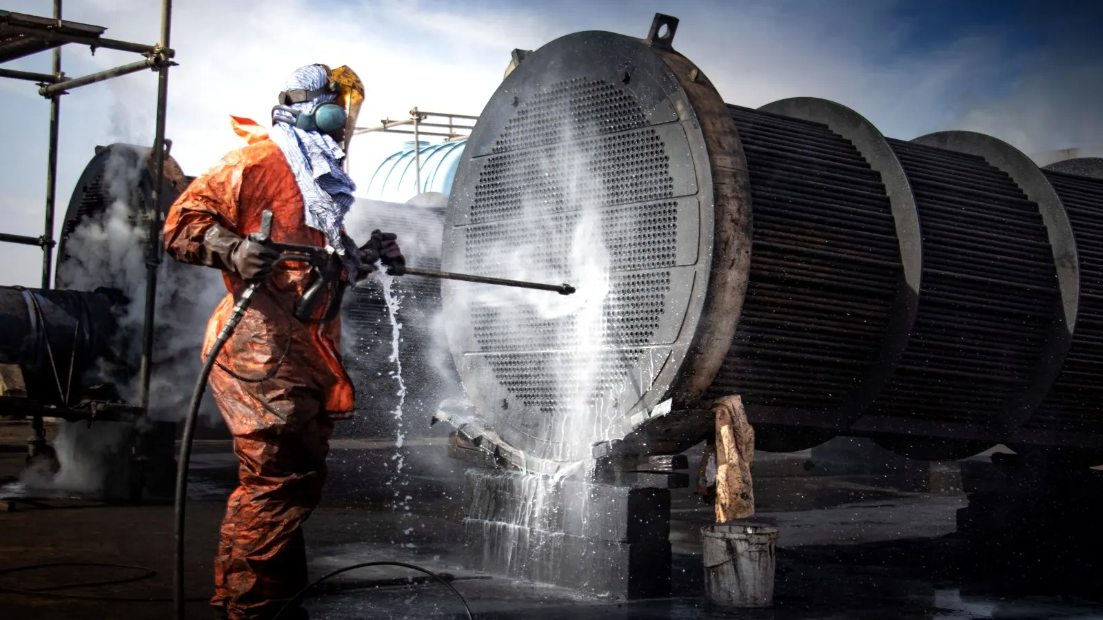 Shell-and-tube exchanger bundle being water-lanced by hand