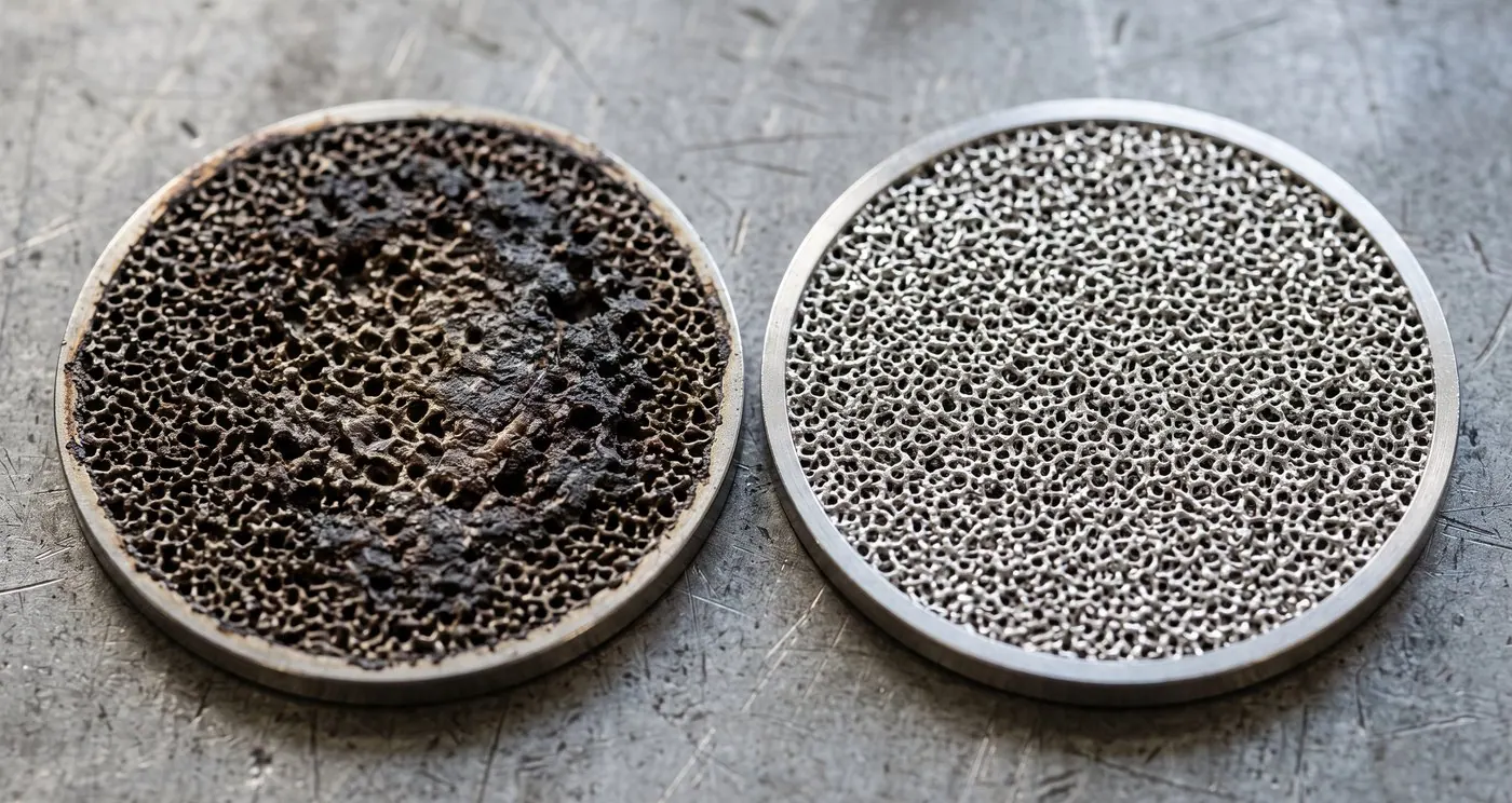 Two hot melt filter discs side by side, the left blinded with degraded polymer and the right recovered with the pore structure open