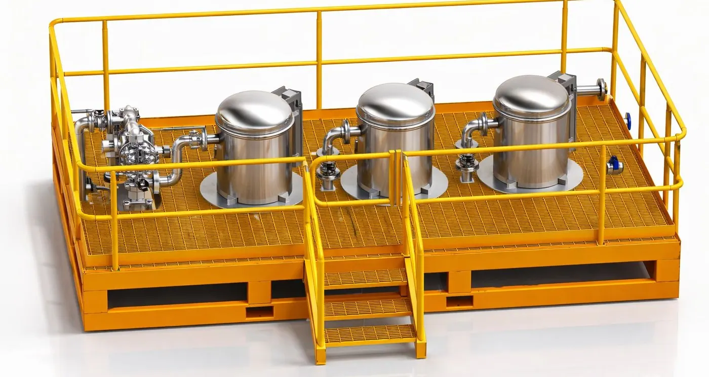 Skid mounted filtration set with three filter housings