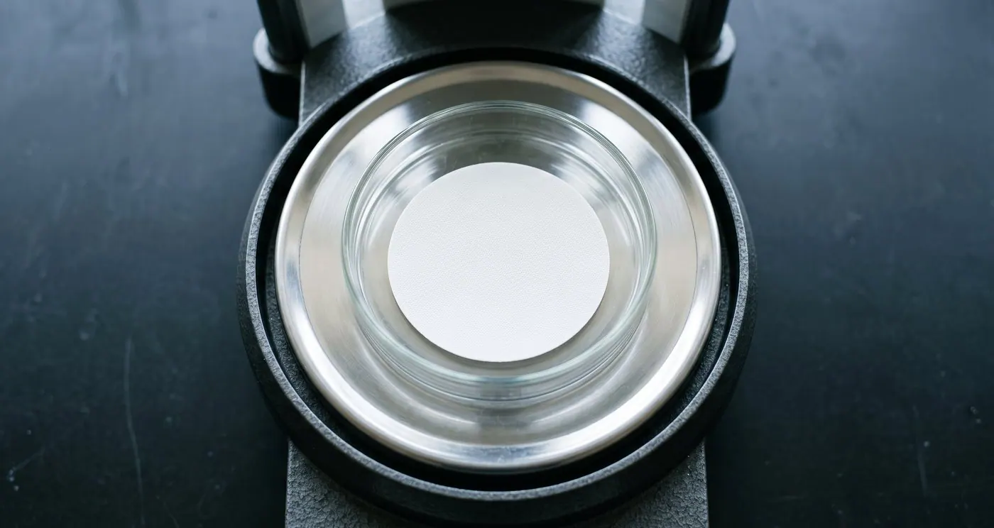 A white gravimetric filter membrane on the weighing pan of a laboratory analytical balance