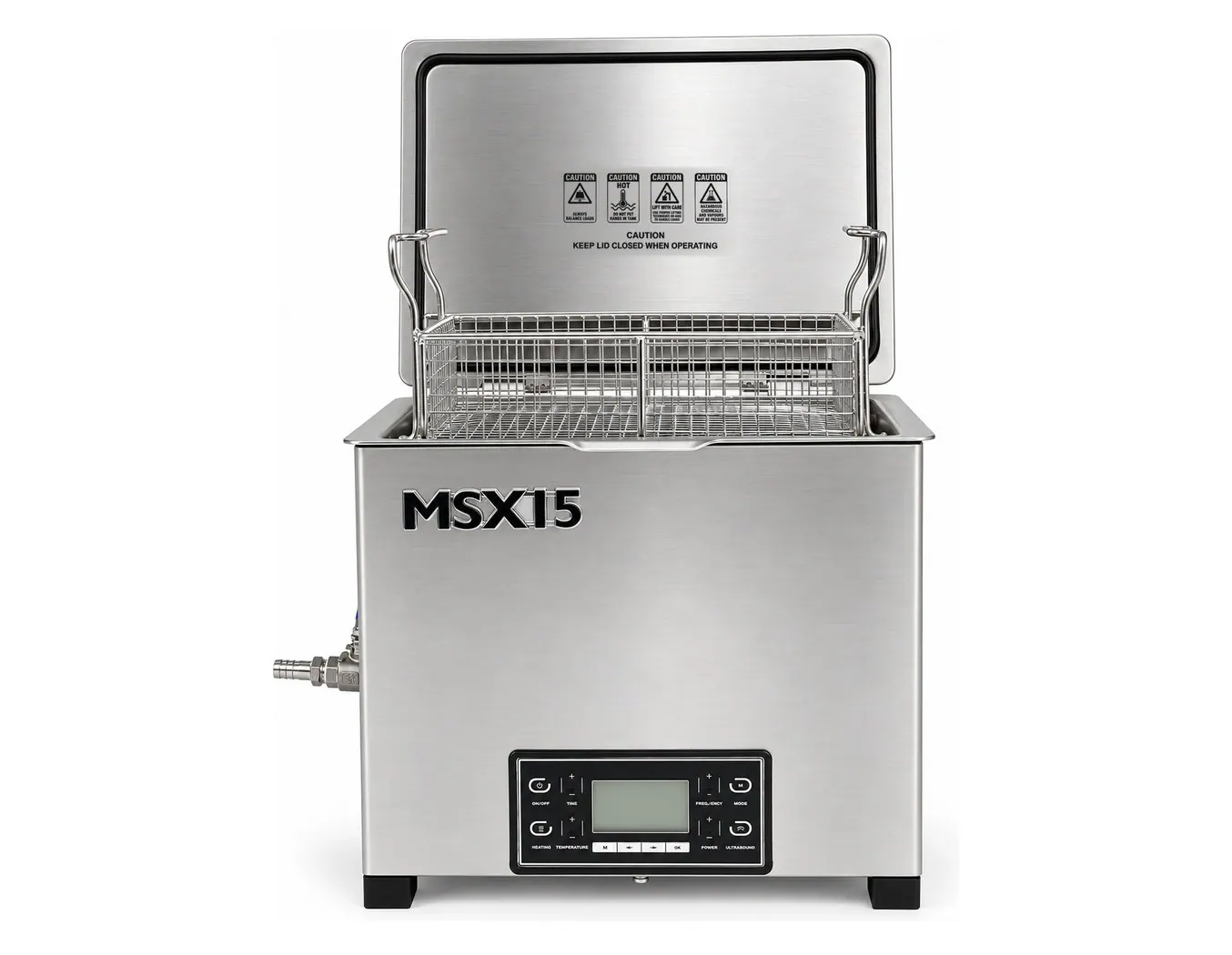 Misonics MSX 15 ultrasonic parts cleaner, front elevation, lid open