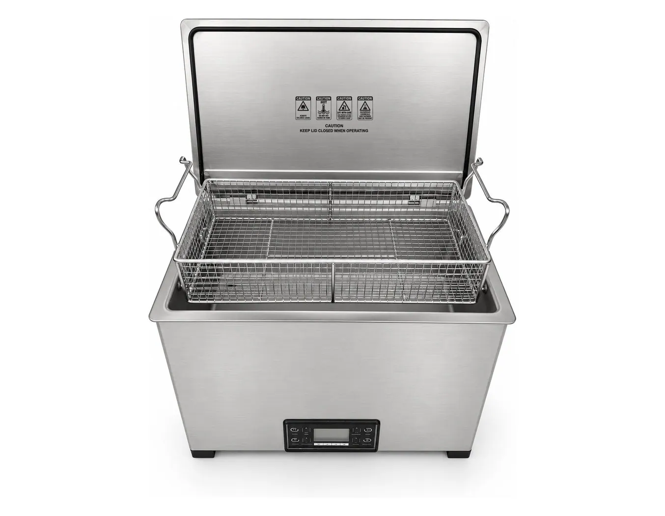 Misonics MSX 30 ultrasonic parts cleaner, lid open, basket in the tank