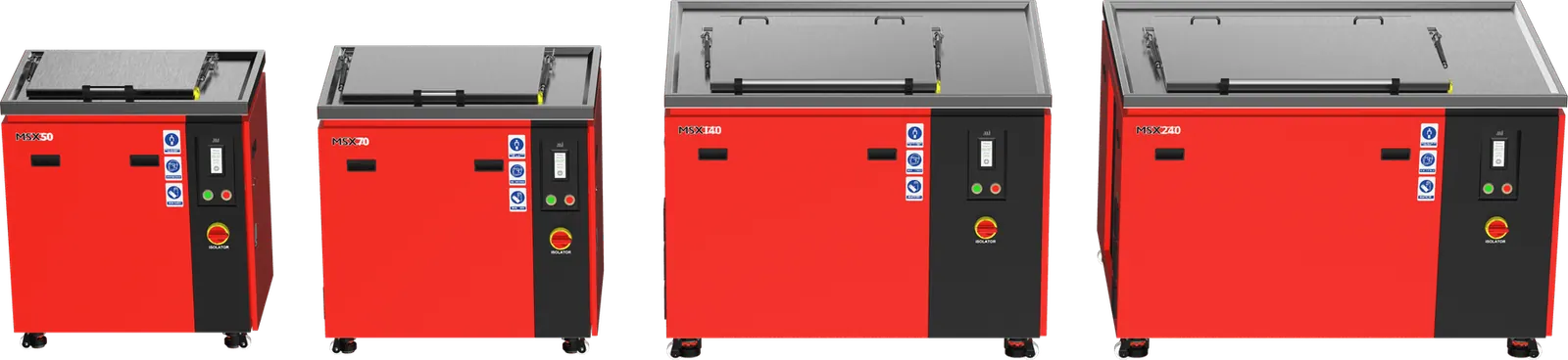 The Misonics MSX floor-standing range shown to scale &mdash; MSX 50, MSX 70, MSX 140 and MSX 240 industrial ultrasonic cleaners