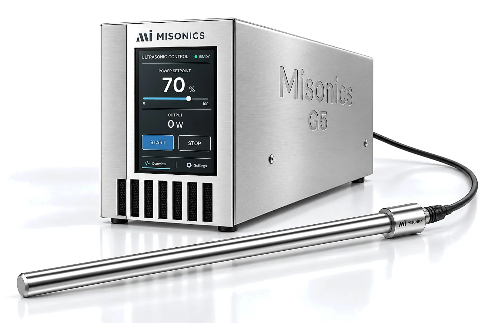 Misonics SonoDrive G5 generator connected to a Solo 360 rod resonator