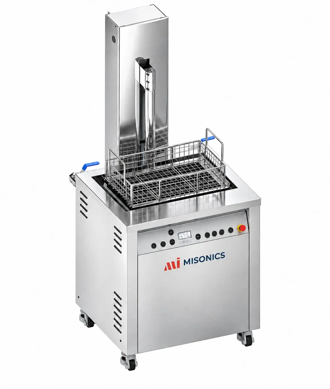 Misonics SonoLift powered-lift ultrasonic cleaner — Basket raised to drain position