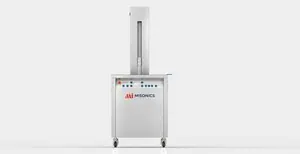 Misonics SonoLift powered-lift ultrasonic cleaner — Basket lowered into the bath