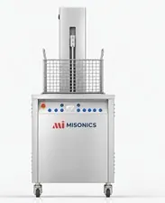Misonics SonoLift powered-lift ultrasonic cleaner — Front elevation — SL-160, basket raised