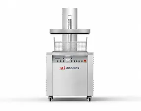 Misonics SonoLift powered-lift ultrasonic cleaner — Lid raised with the basket on the lift