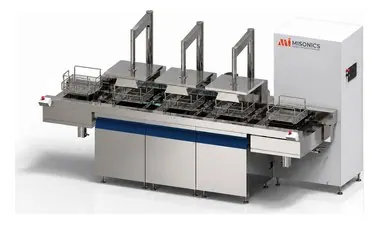 Misonics SonoLine automated ultrasonic cleaning line — three stations with powered basket lifts and control cabinet