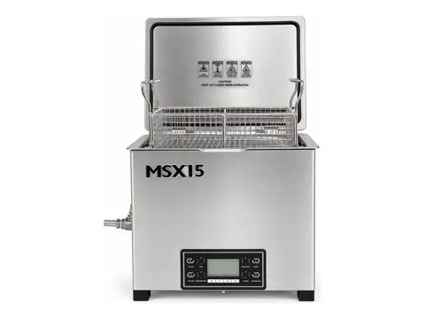 Misonics MSX 15 benchtop ultrasonic tank, lid open with basket