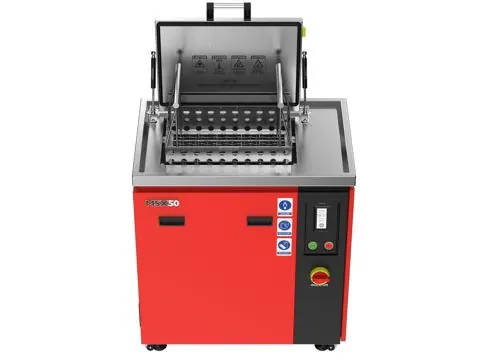 Misonics MSX 50 floor-standing ultrasonic tank, lid open with basket