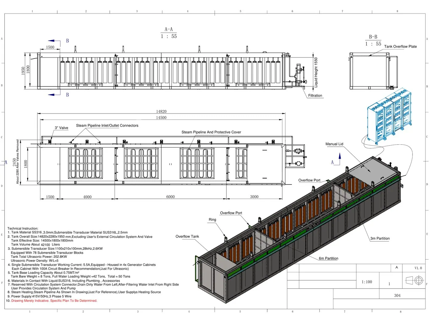 Dimensioned general arrangement drawing — Misonics UltraMax HX 12, 14,500 mm tank