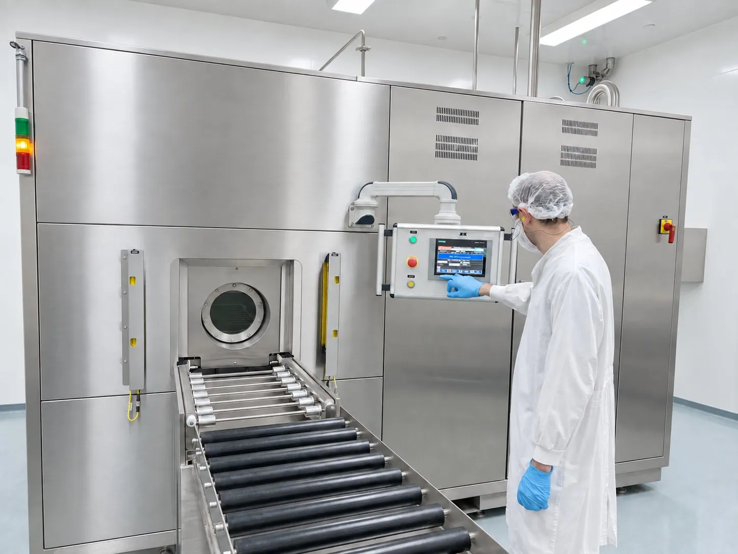 UltraWash sealed-chamber cleaning machine — operator at the HMI