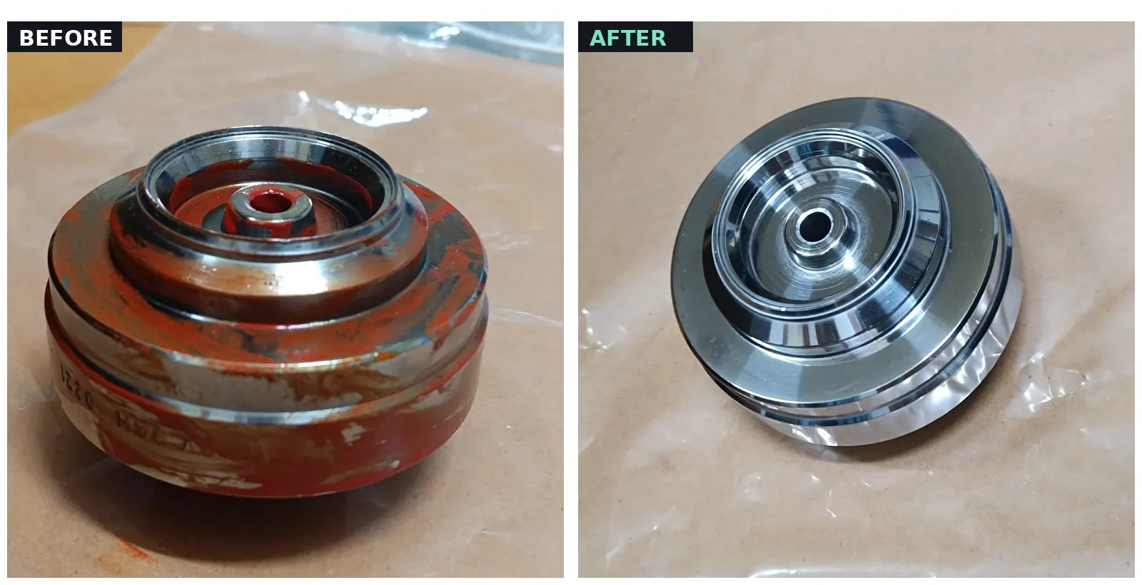 Before and after — pump rotor cleaned on an UltraWash trial