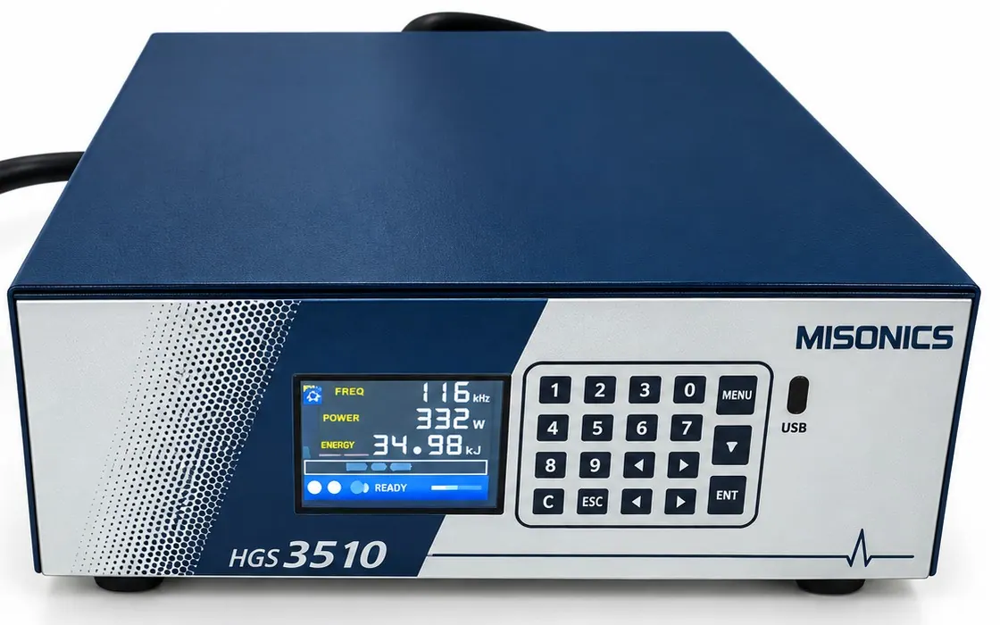 A Misonics AHG-3510 ultrasonic generator — keypad, colour display and USB port