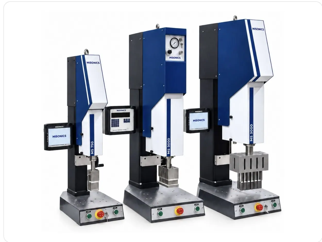 Misonics ultrasonic welding presses — an MS 750 and two MS 3000 bench presses