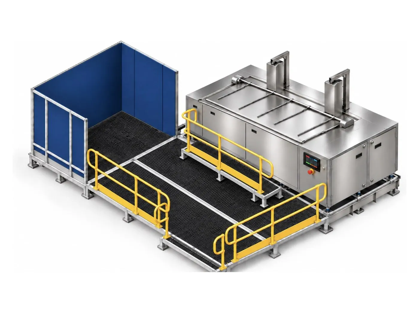An ultrasonic cleaning machine standing in an integrated bund with a lift-out grated deck, handrails and a screened bay at the load end